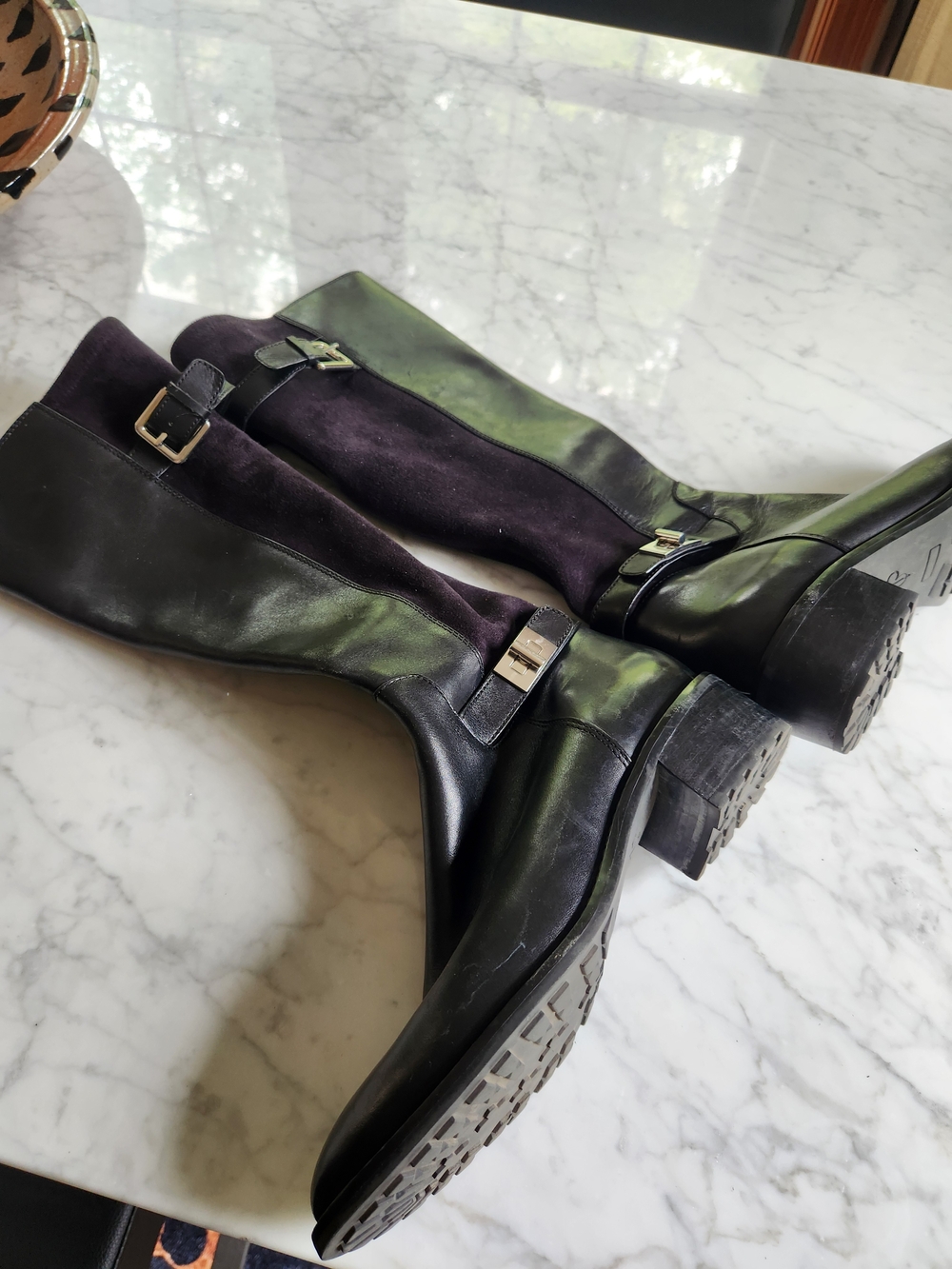 Cole Haan Black Leather and and Stretch Material in Back, Knee-High Buckle Boots